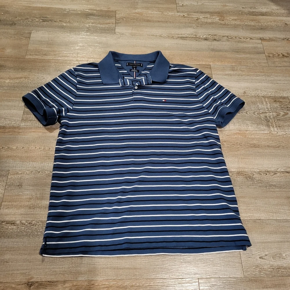 Tommy Hilfiger Polo Knit Mens Size Large Regular Fit Smooth Cotton Striped - Picture 1 of 6